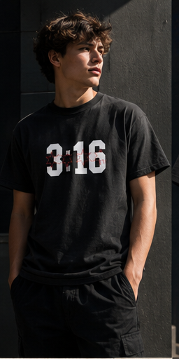 John 3:16 Christian T-shirt in black, front view