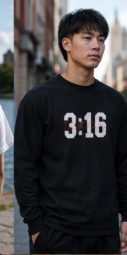 John 3:16 Christian long sleeve T-shirt in black, front view