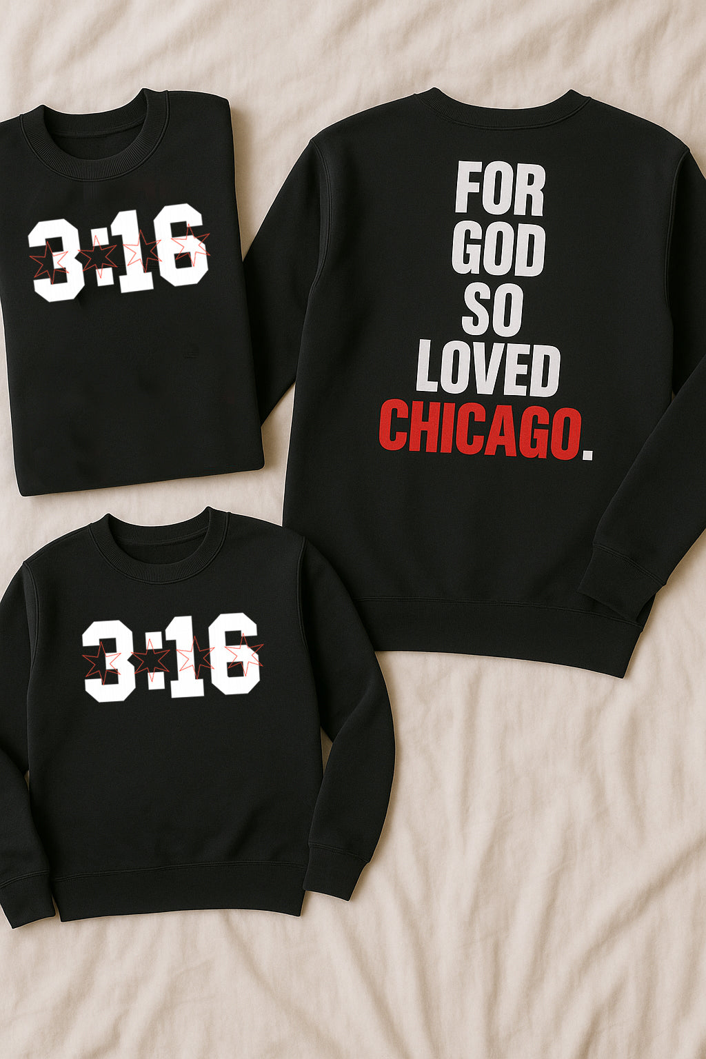 Black John 3:16 Christian crewneck sweatshirts displayed on a bed