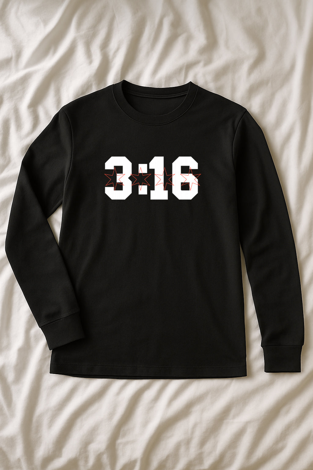 John 3:16 Christian long sleeve shirt displayed on a bed