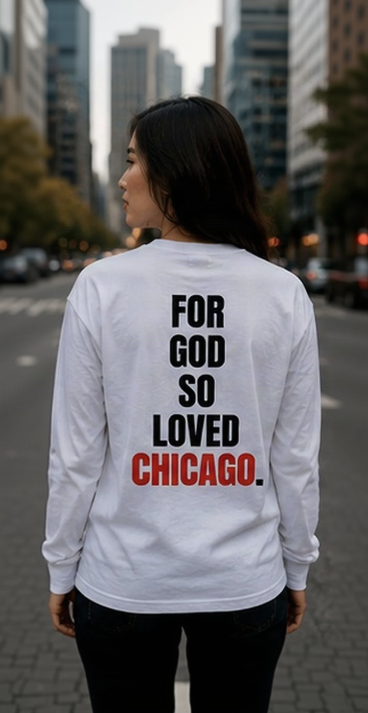 John 3:16 Christian long sleeve T-shirt in white, back view