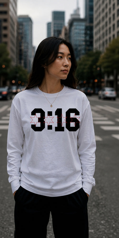 John 3:16 Christian long sleeve T-shirt in white, front view